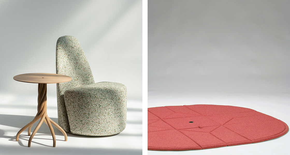 Gregory Lacoua - Talents & Awards - Maison&Objet - Table twirl et chauffeuse © DR / GLacoua Tapis tabouret © Véronique Huyghe