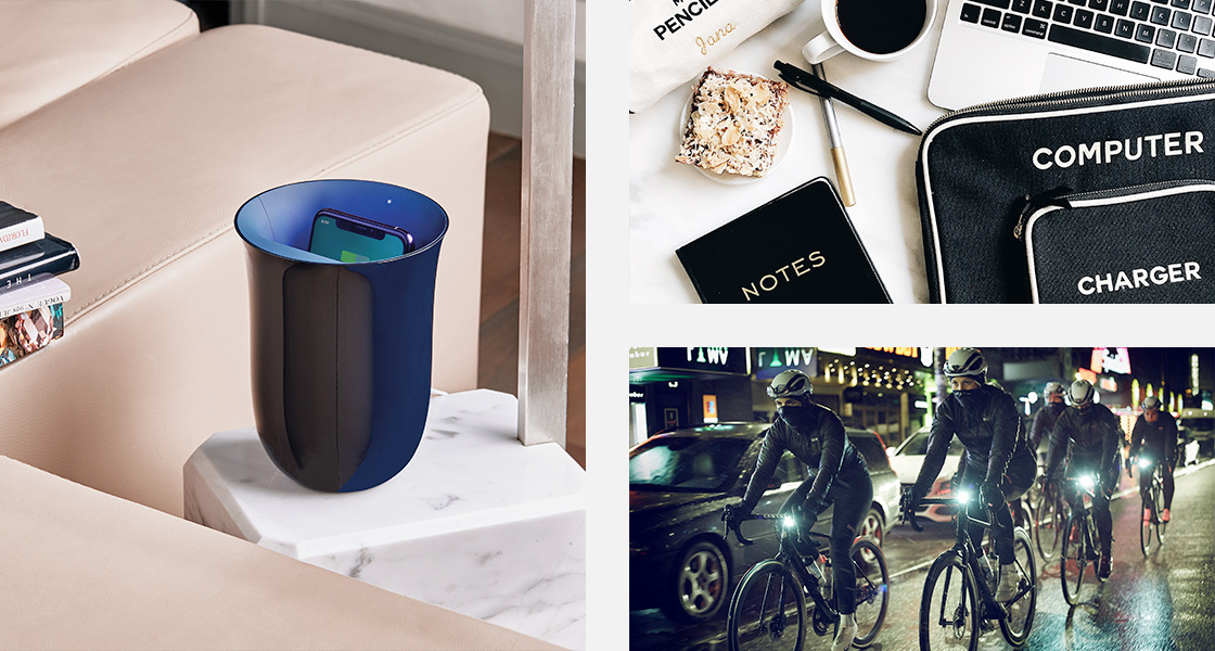 Oblio, station de charge © Lexon / Pochette d’ordinateur noire, trousse à crayons monogramme © All.com / Curve light © Bookman Urban Visibility