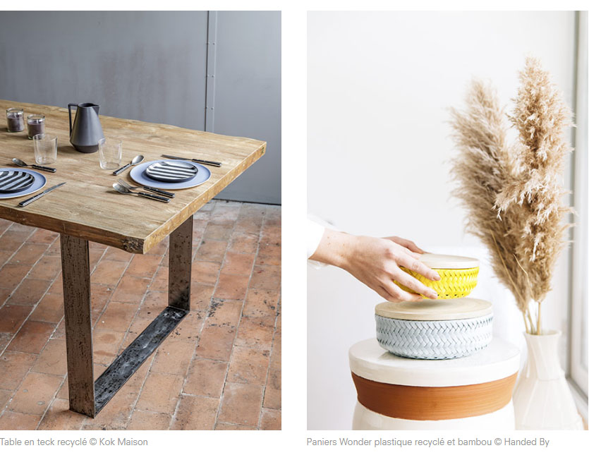 Table en teck recyclé © Kok Maison / Paniers Wonder plastique recyclé et bambou © Handed By Paniers Wonder plastique recyclé et bambou © Handed By