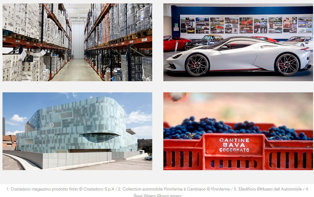 1. Costadoro magazzino prodotto finito © Costadoro S.p.A / 2. Collection automobile Pininfarina à Cambiano © Pininfarina / 3. 33edificio ©Museo dell Automobile / 4. Bava Winery ©bava winery